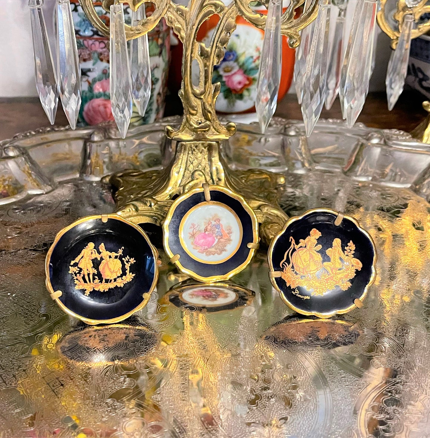 Limoges Miniature Plates in Brass Stands, Set of Three, Made in France, Hand Painted Porcelain
