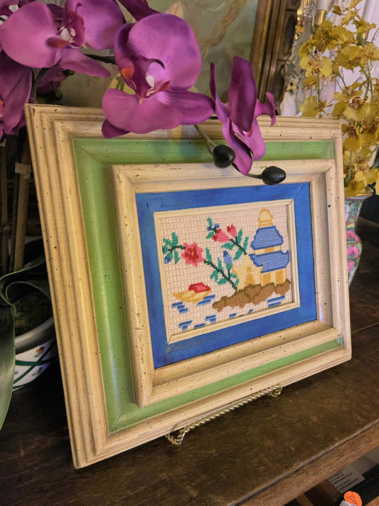 Colorful Vintage Pagoda Needlepoint in Solid Wood Frame