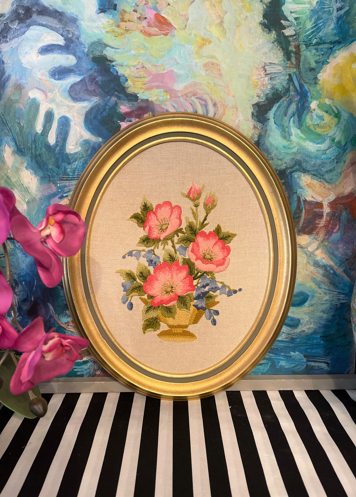 Pink Flowers in Gold Dish Vintage Crewelwork, Vintage Framed Embroidery Wall Hanging