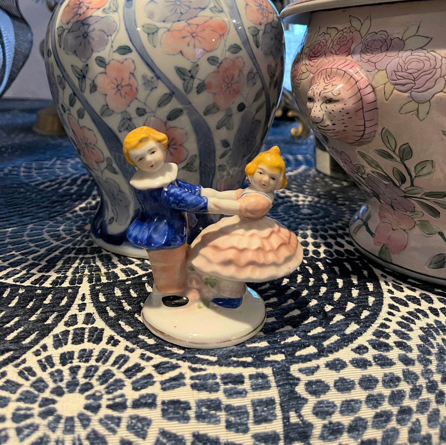 Vintage Statuette of a Dancing Pair, Boy in Blue, Girl in Pink Ruffles, Vintage, Made in Japan