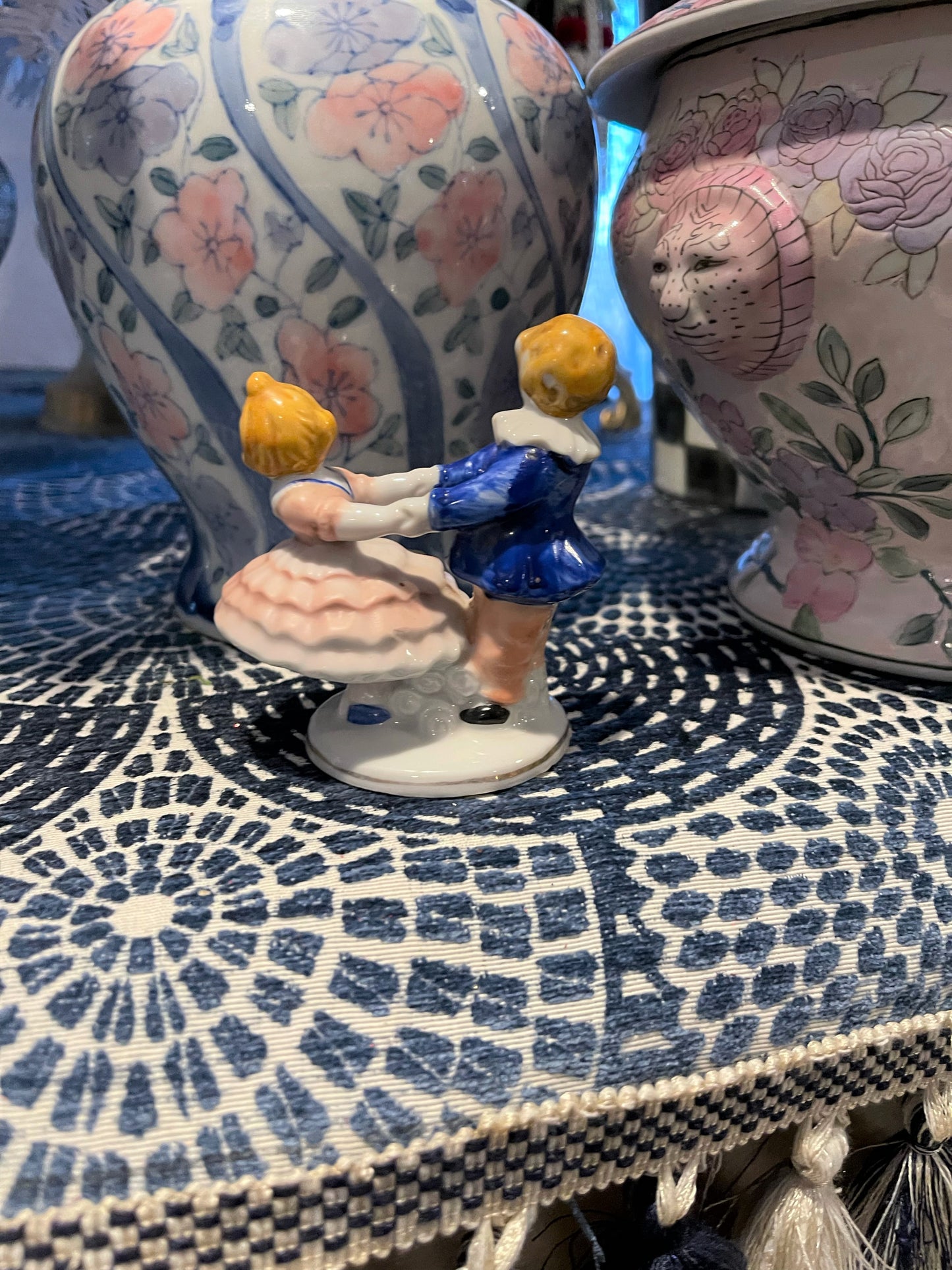 Vintage Statuette of a Dancing Pair, Boy in Blue, Girl in Pink Ruffles, Vintage, Made in Japan