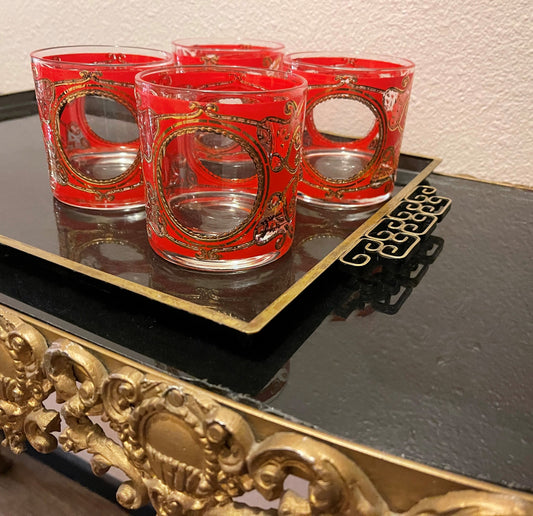Red and 22kt Gold Lowball Culvers, Set of 4,  Rare Pattern, Mid Century Barware, Hollywood Regency
