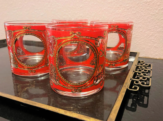 Red and 22kt Gold Lowball Culvers, Set of 4,  Rare Pattern, Mid Century Barware, Hollywood Regency