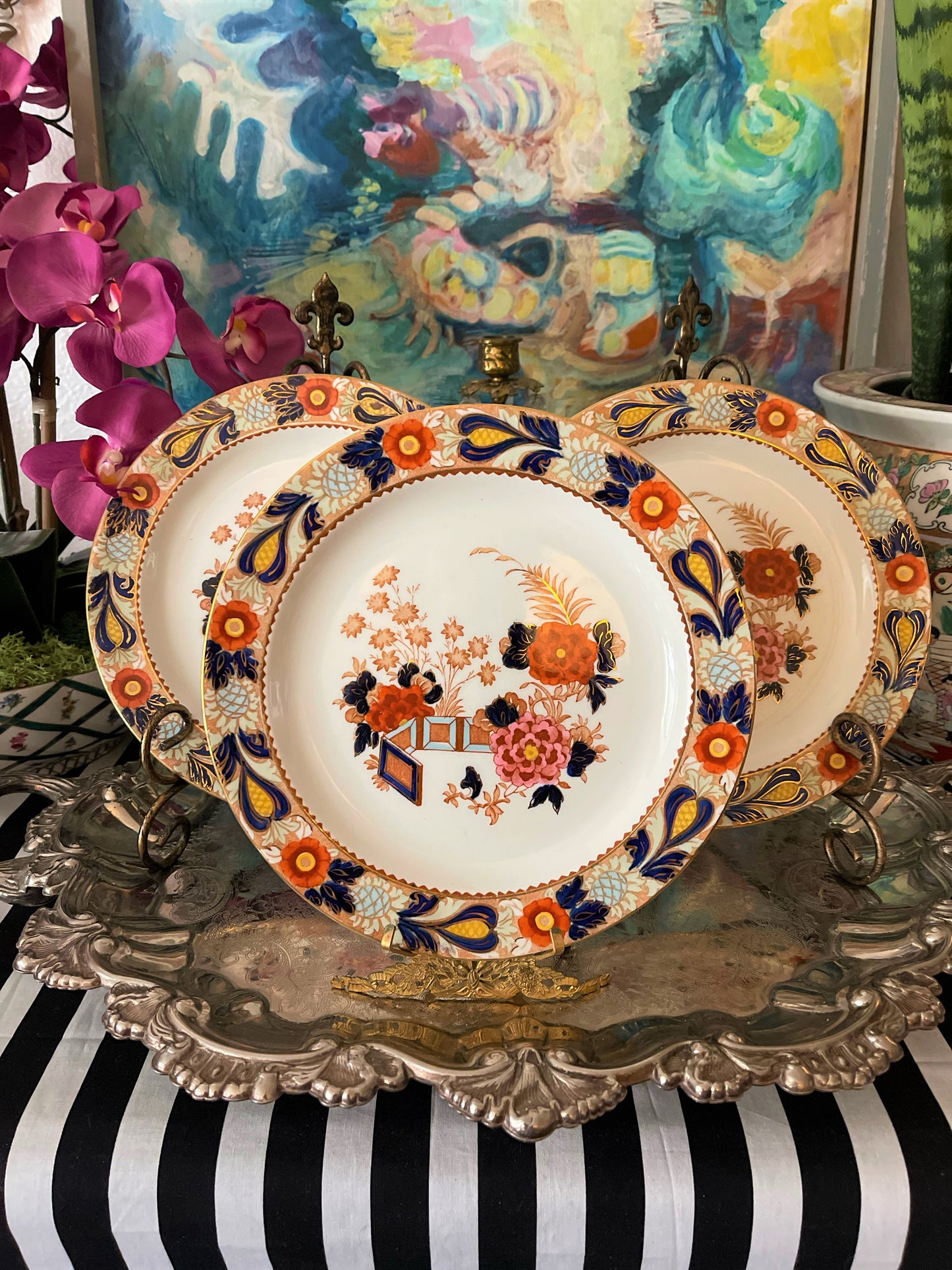 Glorious Blue and Rust Wincanton Luncheon Plates Set of 3 with Gilt Detail