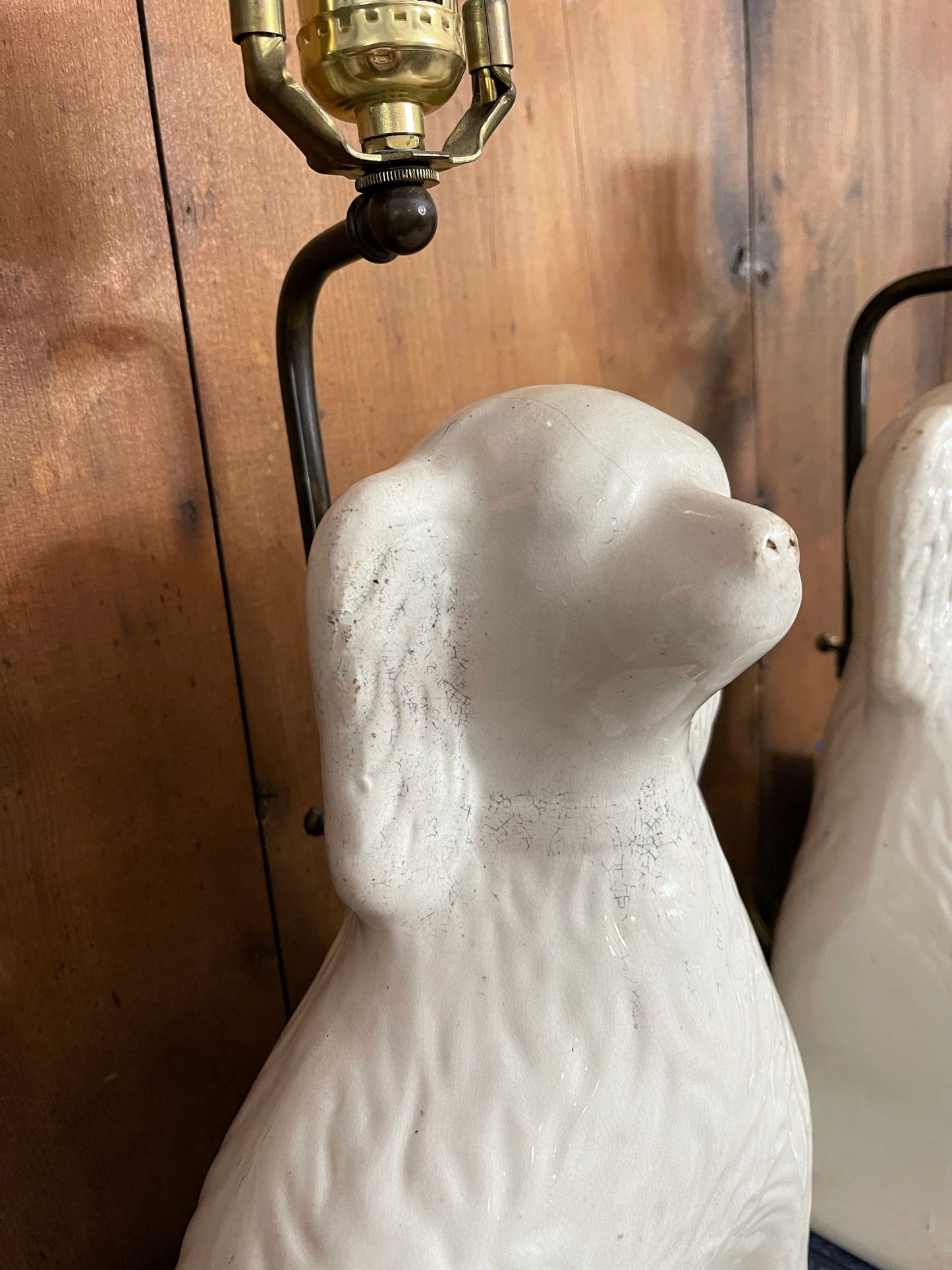 Pair of Staffordshire Spaniel Lamps, Antique, Blue and White, Vintage