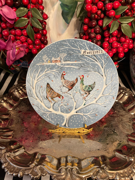 Three French Hens Haviland Limoges Twelve Days of Christmas Plate, Blue and White, Made in France