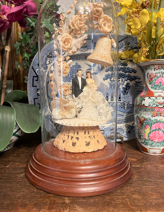 Vintage 1940's Art Deco Wedding Cake Topper Under Cloche