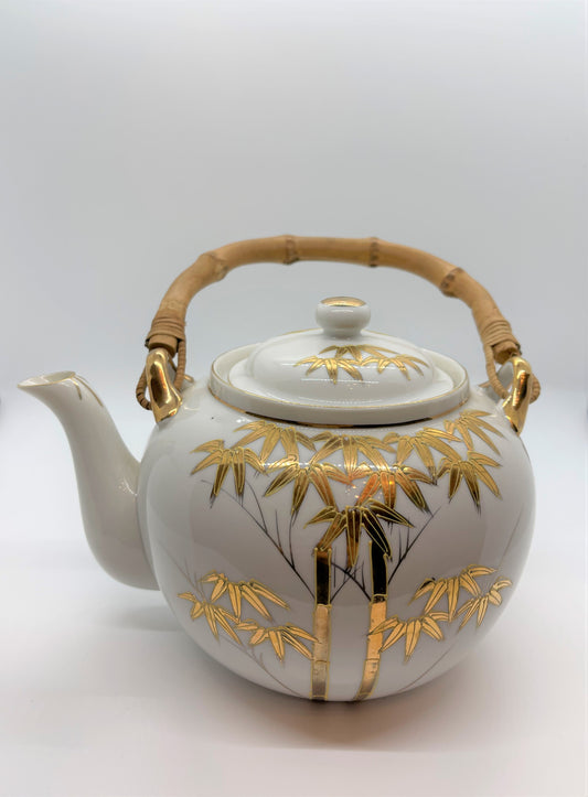 Three Piece Gold and White Bamboo Style Tea Set - Vintage