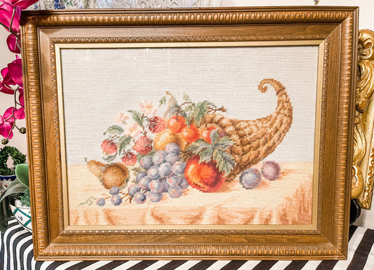 Vintage Cornucopia Needlepoint, Bountiful Harvest Cornucopia Needlepoint, Framed