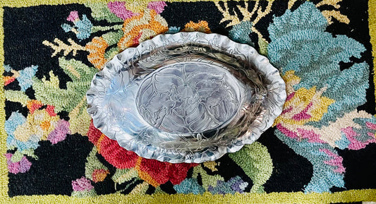 Vintage Arthur Court Serving Bowl, Oval Dish with Scalloped Edges and Bunny and Rabbit Detail,