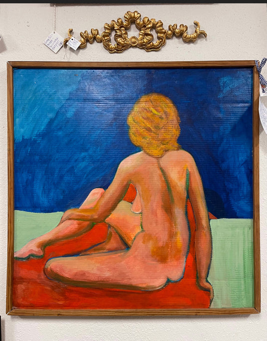 Vintage 1970s Painting, Vibrant Vintage Nude, Oil on Cardboard, Round Top Find