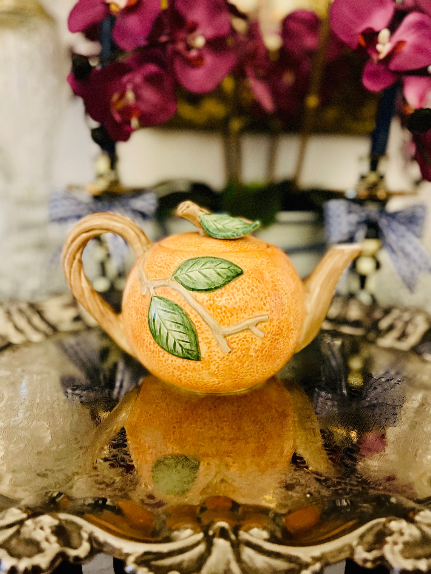 Fitz and Floyd Citrus Teapot, Orange with Branches and Leaves Citrus 1989 FF Teapot