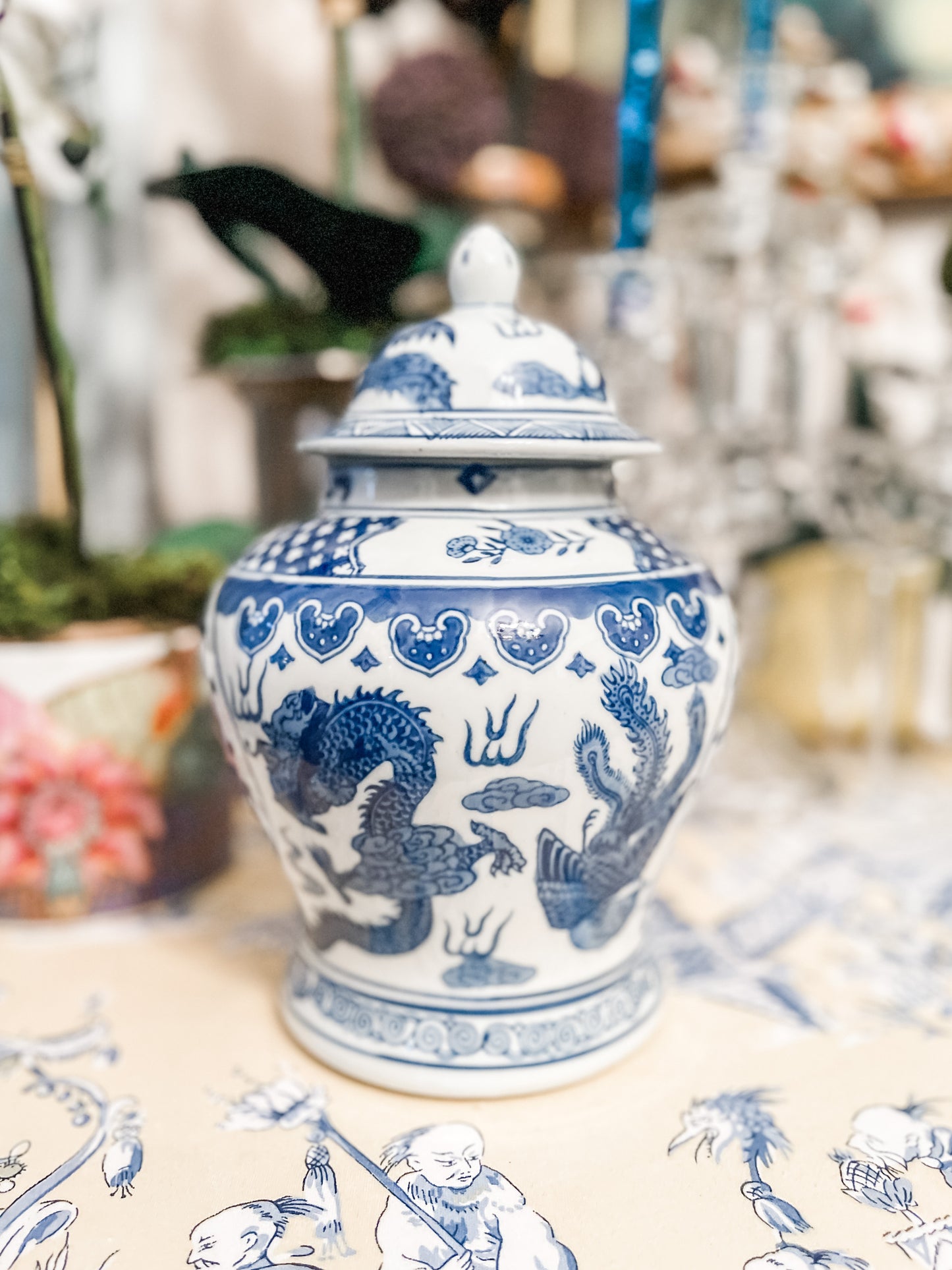Vintage Blue and White Double Happiness Jar with Dragon and Phoenix Detail