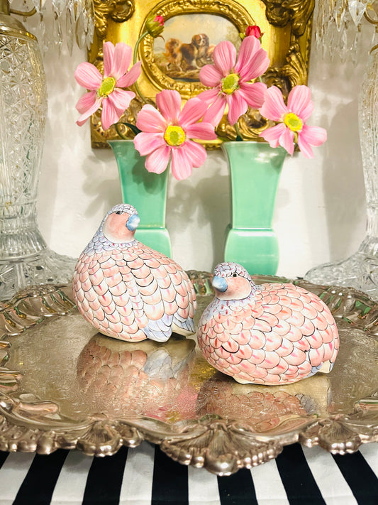 Vintage Chinoiserie Quail Hand Painted in Pink and Blue