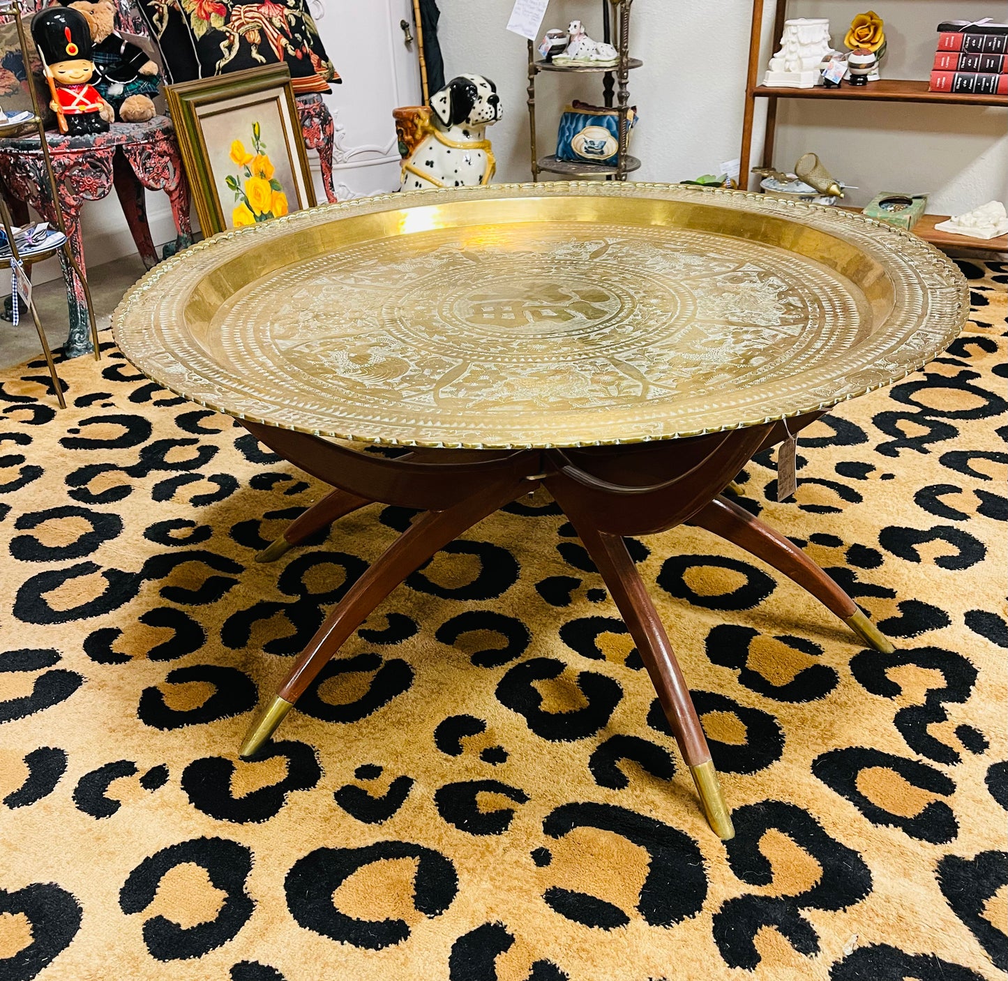 Chinoiserie Teak and Brass Tray Spider Leg Table