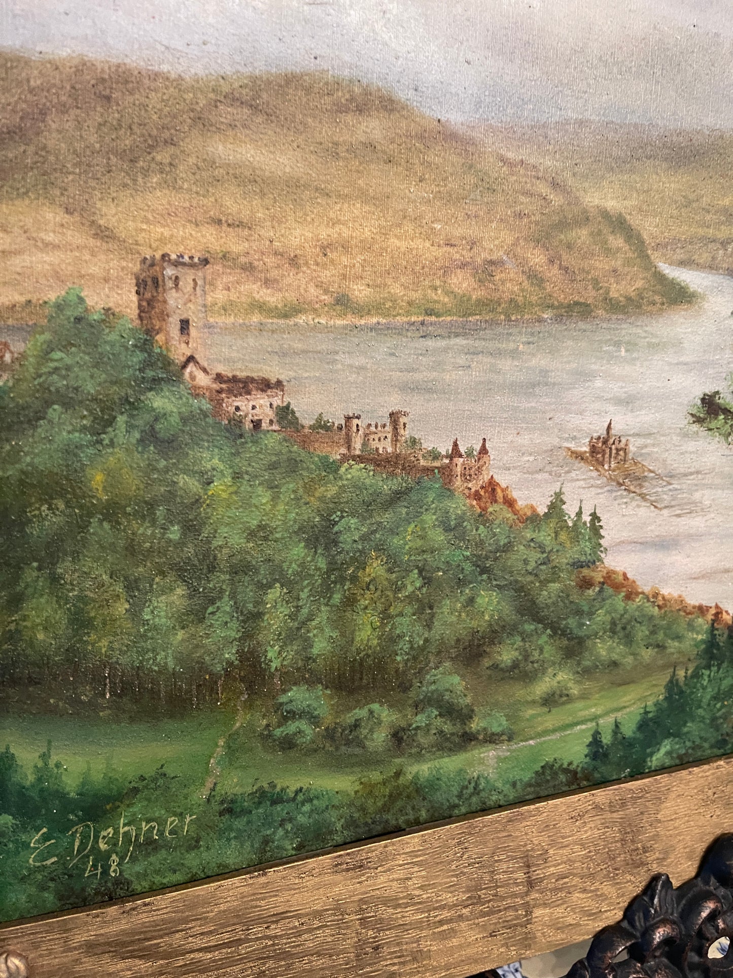 Original Painting of the Rhine River in the Swiss Alps #2, Signed and Dated 1948, Framed