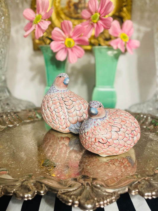 Vintage Chinoiserie Quail Hand Painted in Pink and Blue