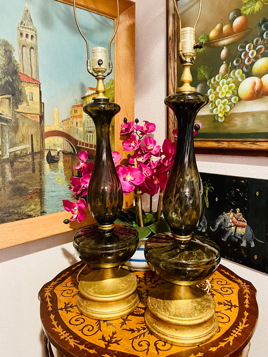 Italian Murano Smoke Glass Table Lamp Pair,MCM