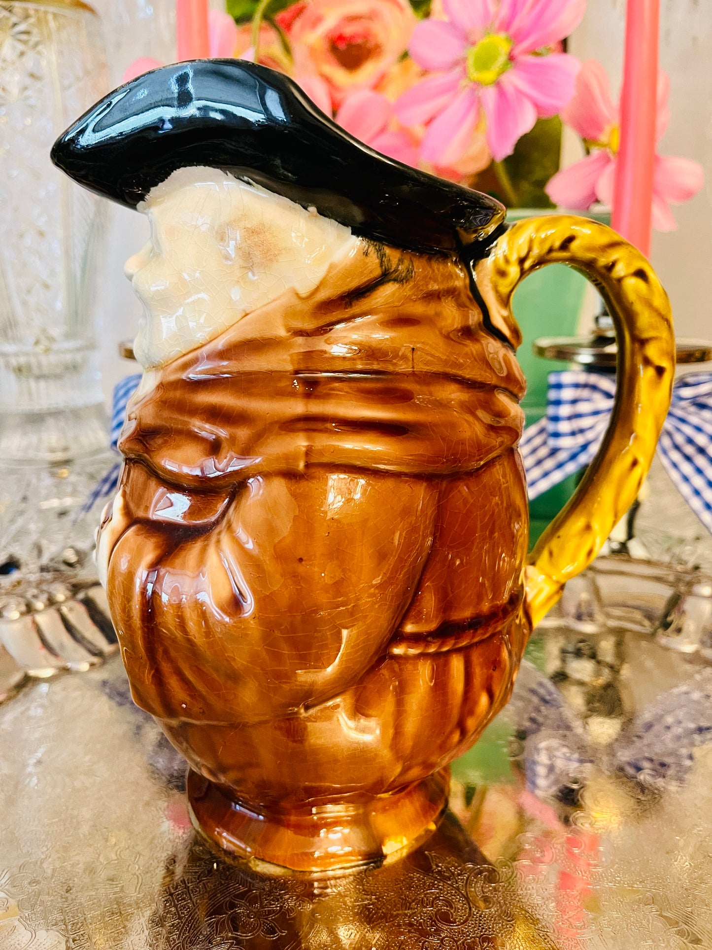 Large Antique French Majolica Monk Jug, French Barbotine Majolica Monk Pitcher