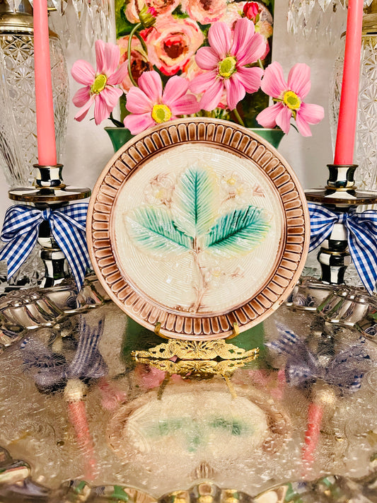 Majolica Three Leaf and Flower Plate, Antique Majolica, Majolica Pottery