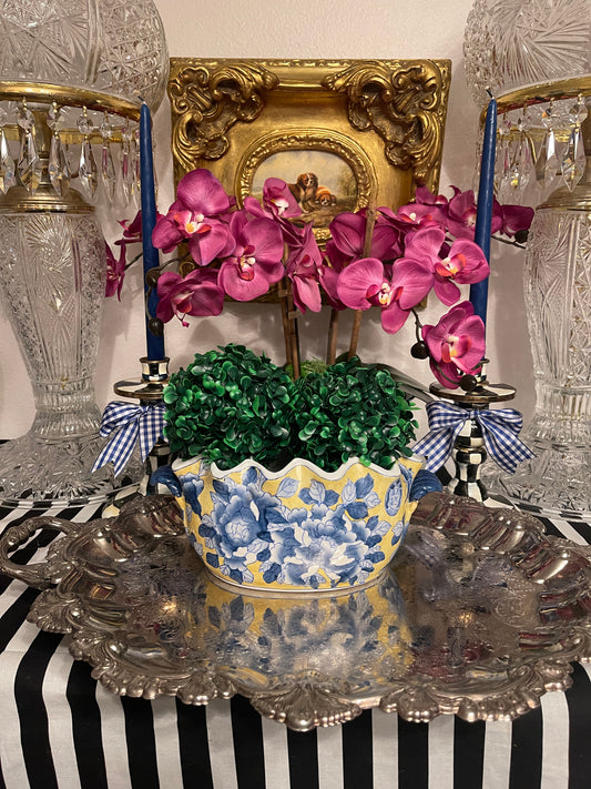 Vintage Cachepot, Blue, White and Yellow Planter with Scalloped Rim and Shel  Handles