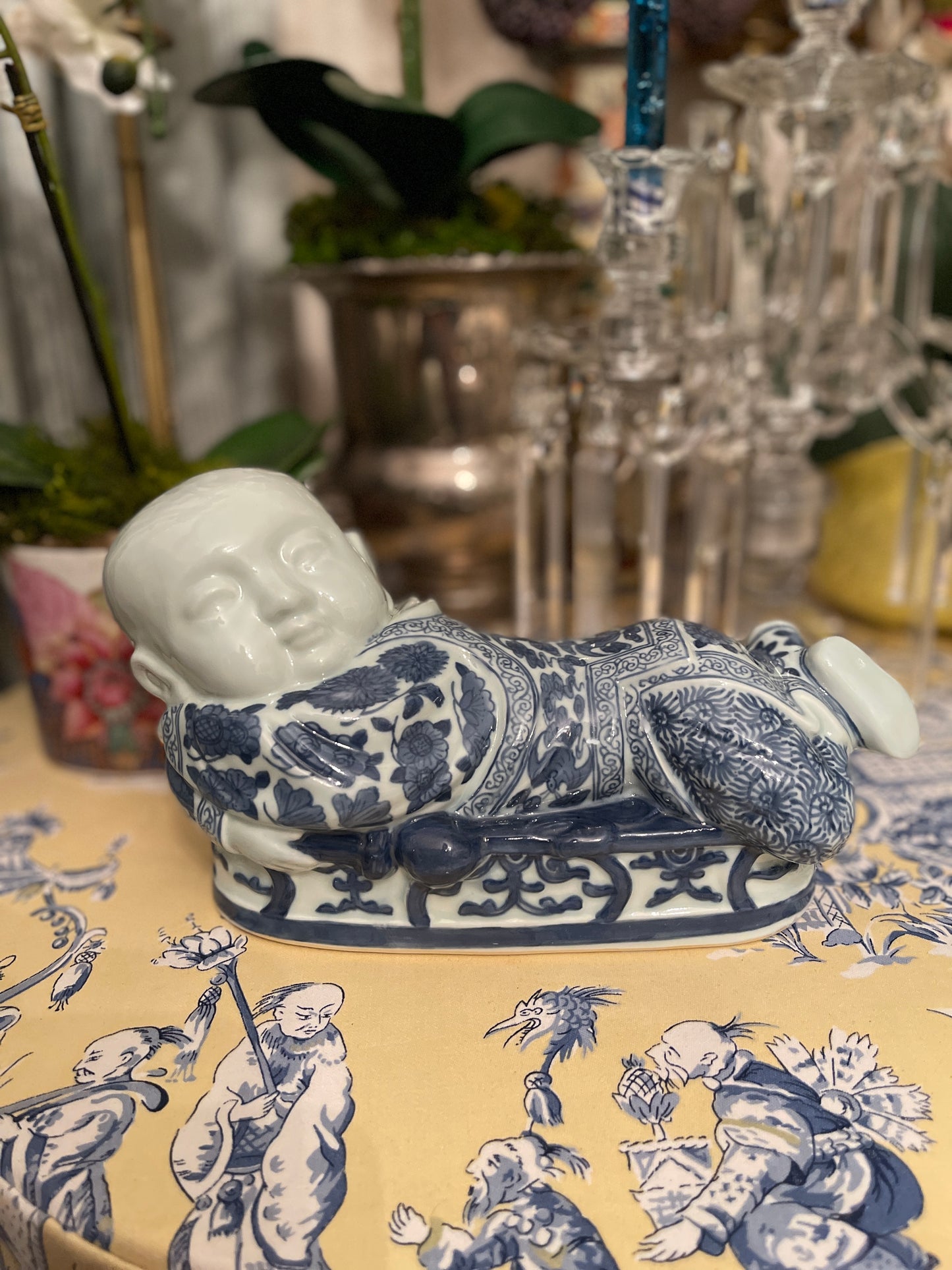 Blue and White Chinoiserie Pillow Baby, Vintage - Figural Pillow - Hand-painted -Porcelain Chinese Sleeping Baby