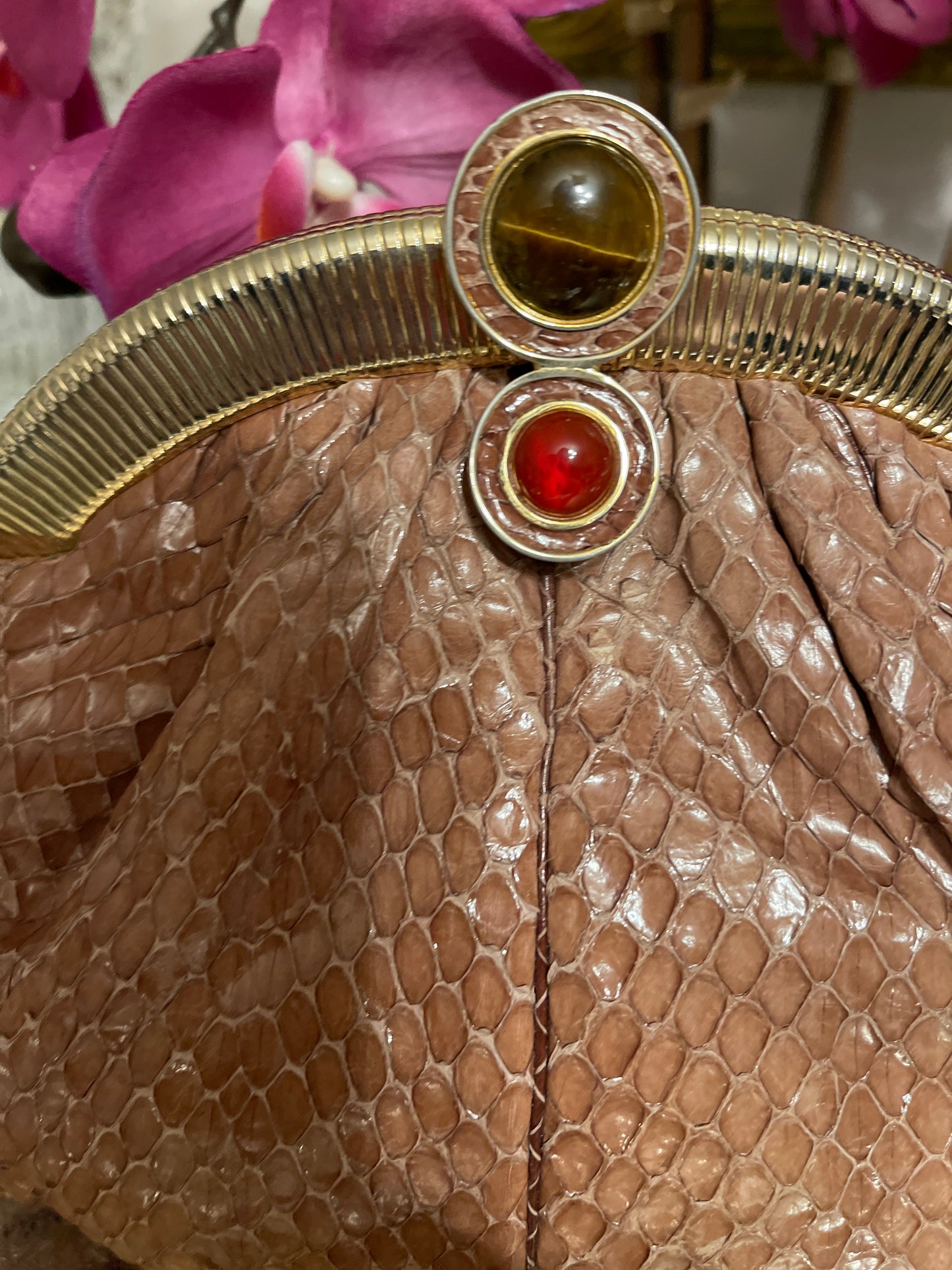 Vintage Judith Leiber Snakeskin Clutch, Jeweled Clasp