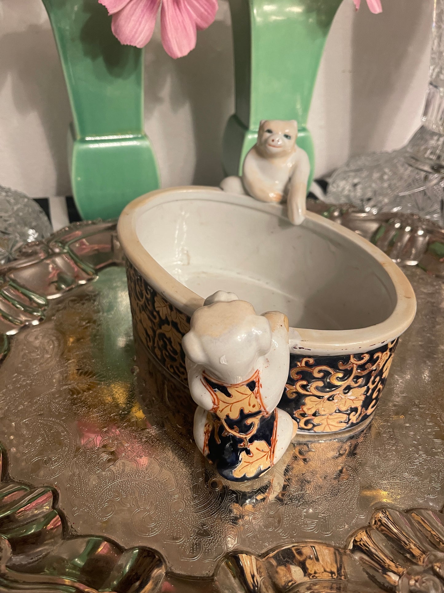Chinoiserie Cachepot with Monkey and Dog -So Fun