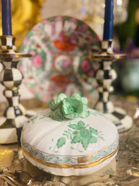 Vintage Herend Green Chinese Bouquet Lidded Dresser Box