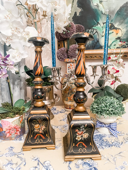 Large Hand Painted Wood Candlesticks, European Folk Art Decor, Black with Lovely Bouquets
