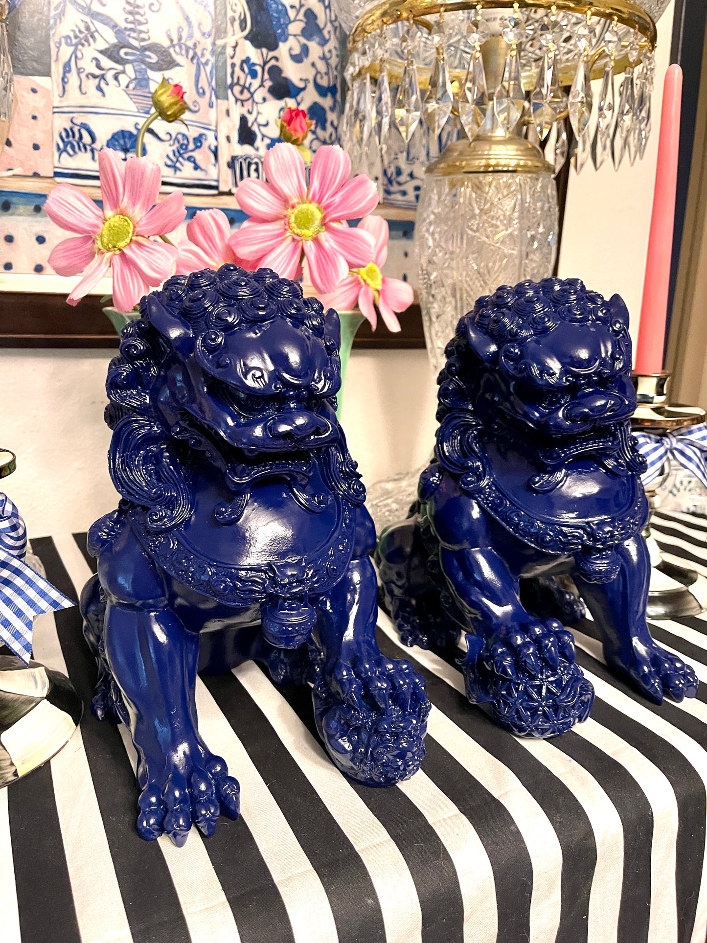 Pair of Blue Lacquered Foo Dogs, Chinoiserie Chic Decor