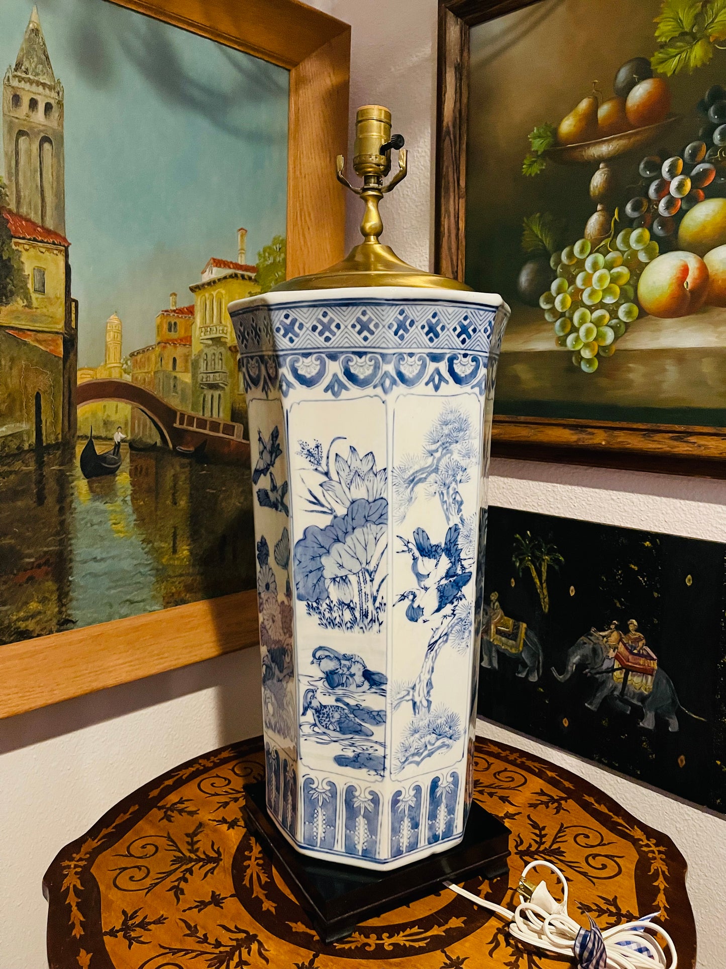 Extra Large Vintage Chinoiserie Blue and White Table Lamp