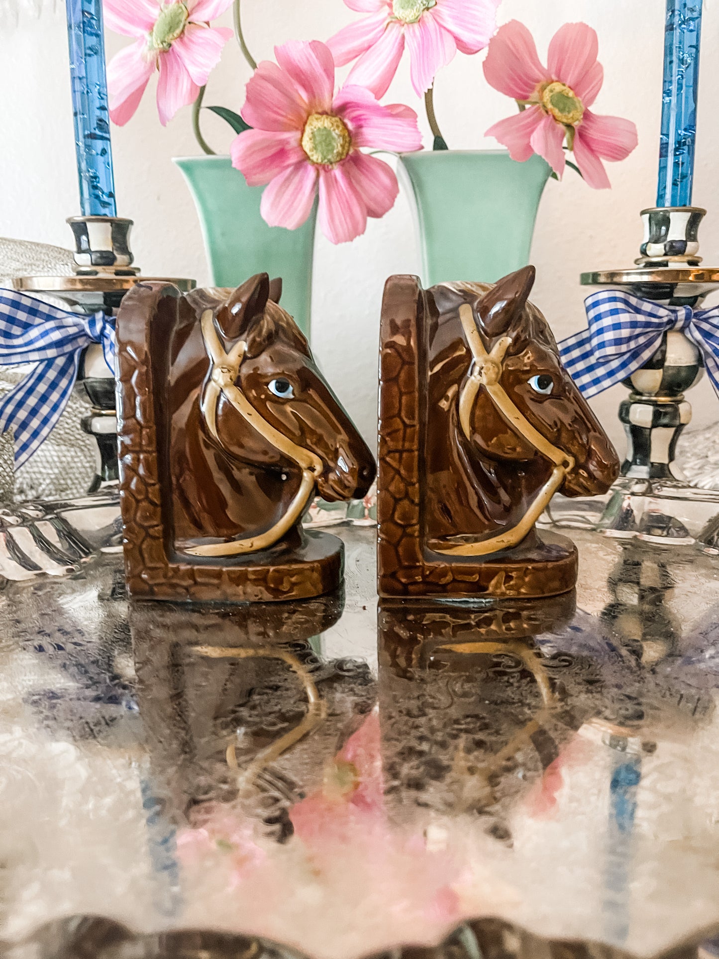 Vintage Horse Head Bookends, Glazed, Made in Japan