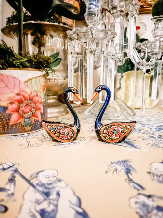 Stunning Pair of Enameled Swans, Vintage, Hand Painted, Colorful Shelf Decor