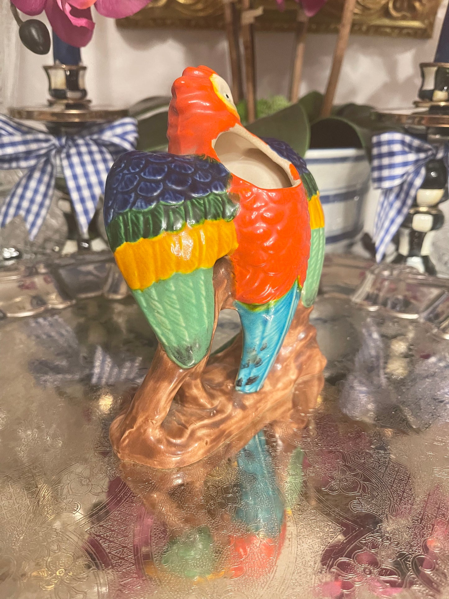 Mid Century Majolica Parrot Vase Made in Occupied Japan, Round Top Find