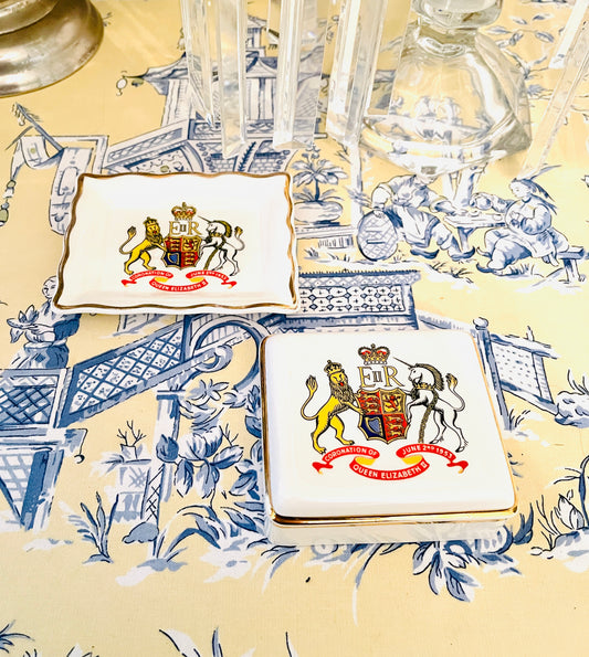 Vintage 1953 Queen Elizabeth II Coronation Trinket Box and Small Tray, Bone China, Made in England