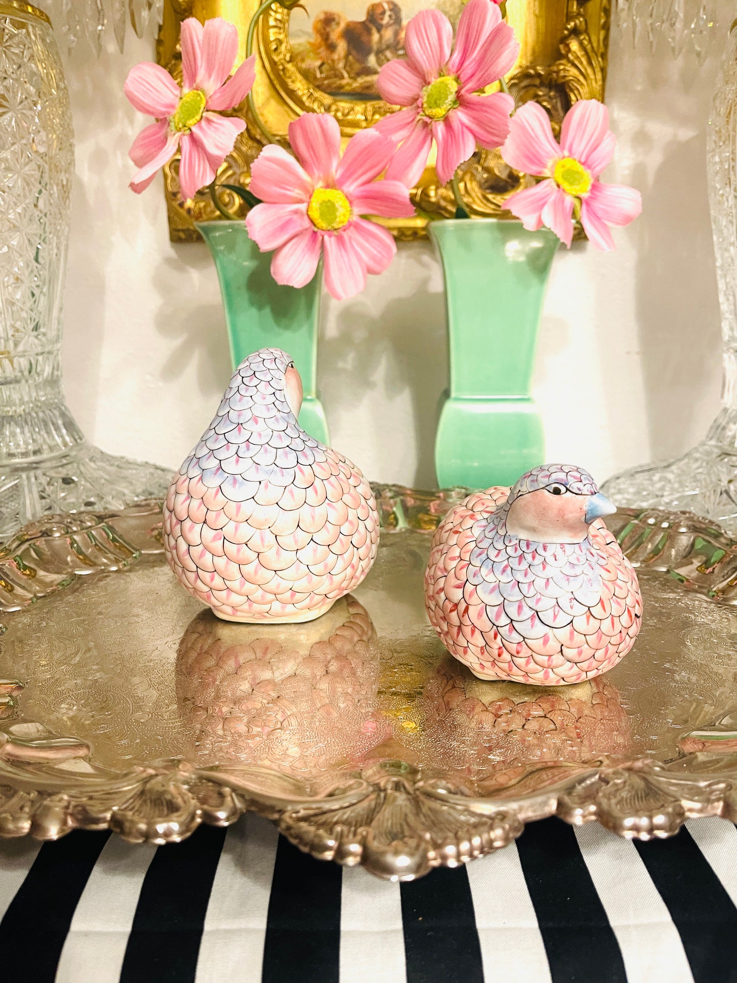 Vintage Chinoiserie Quail Hand Painted in Pink and Blue