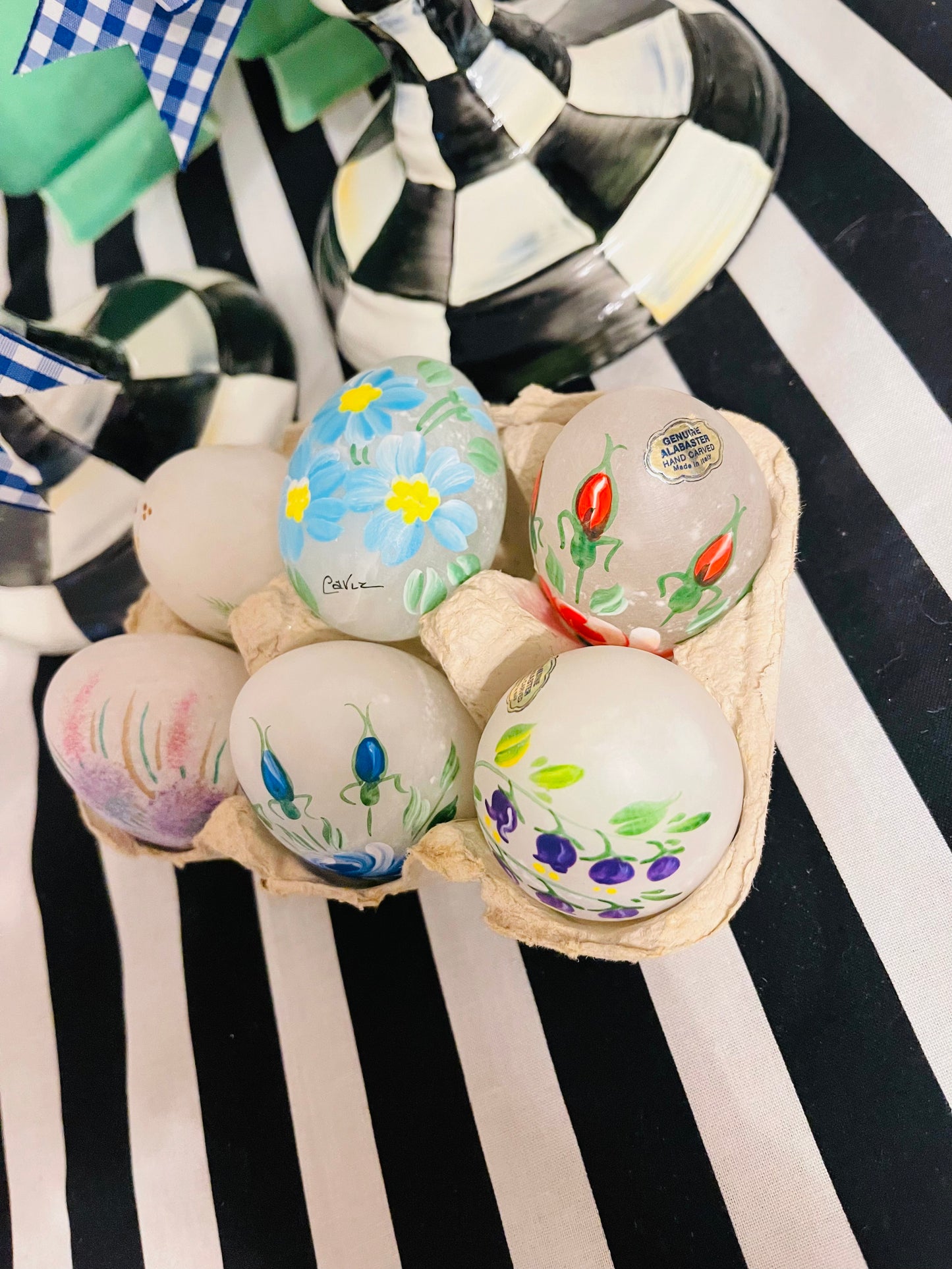 Hand Painted and Signed Alabaster Eggs,
