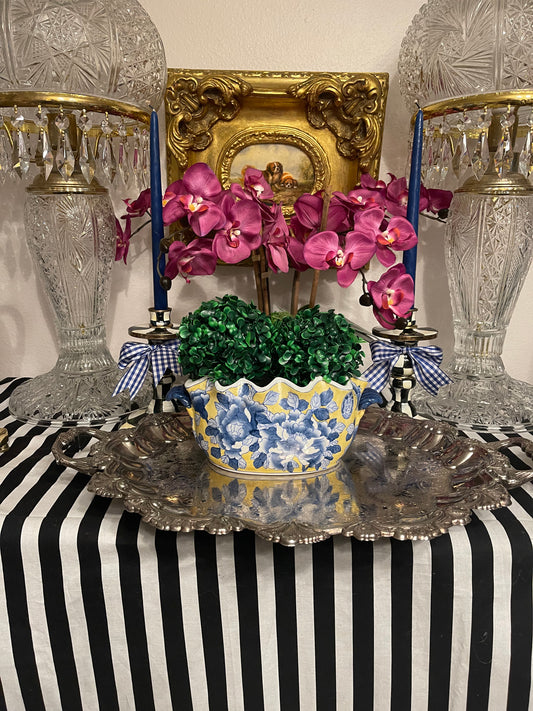 Vintage Cachepot, Blue, White and Yellow Planter with Scalloped Rim and Shel  Handles