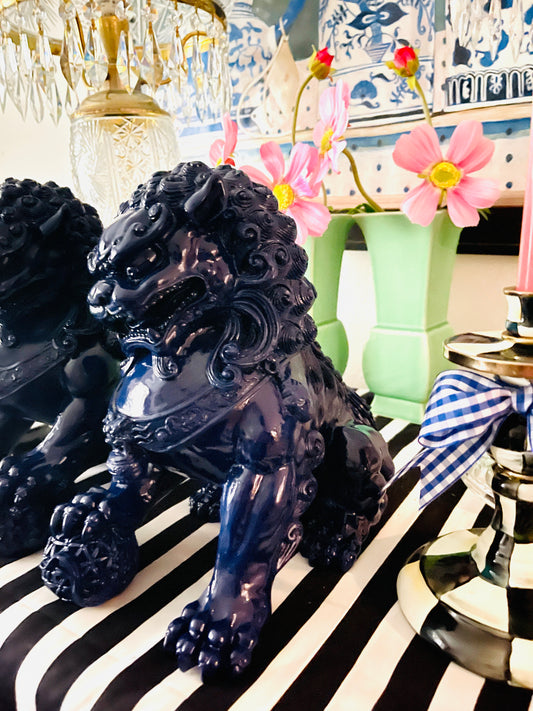 Pair of Blue Lacquered Foo Dogs, Chinoiserie Chic Decor