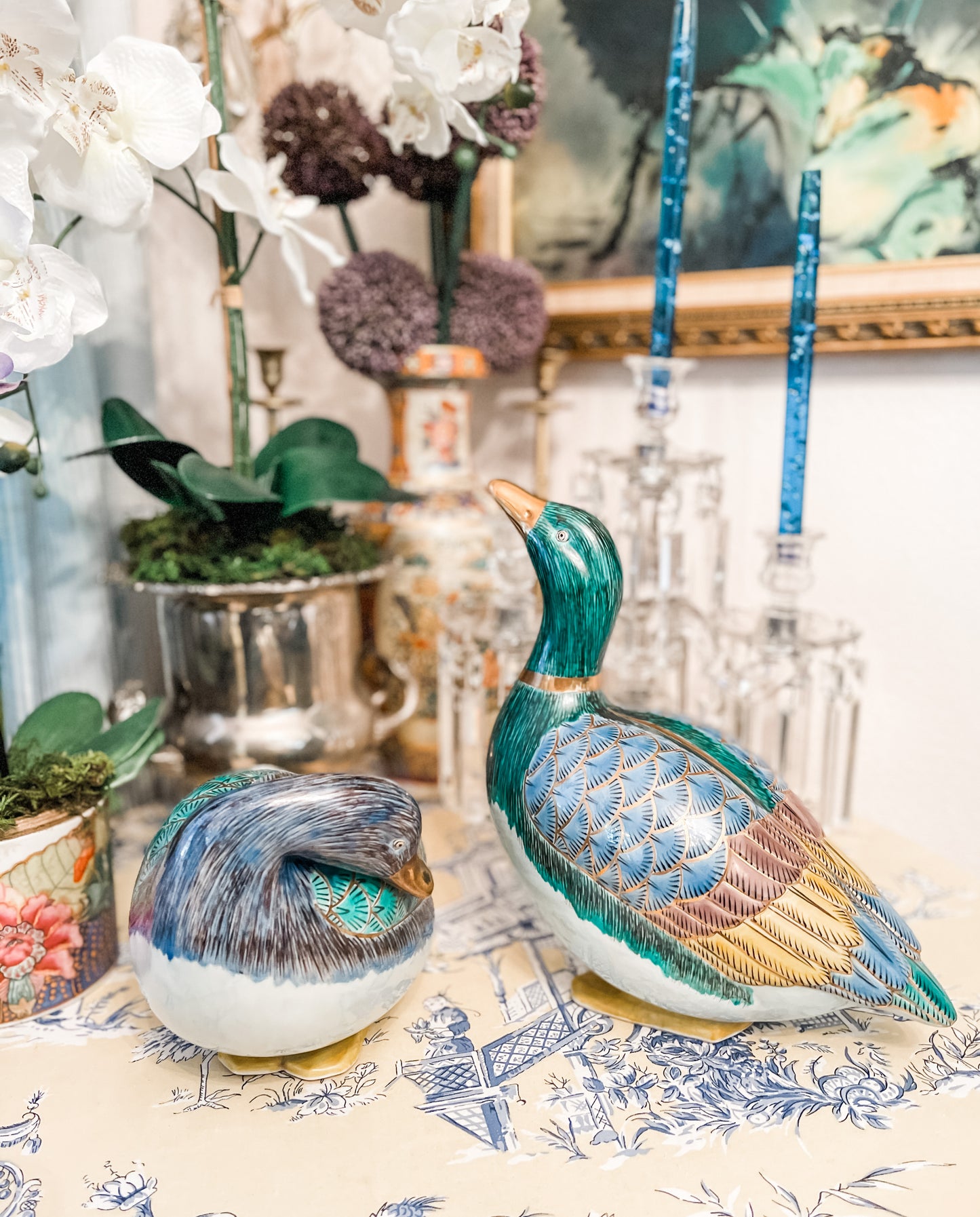 Large Pair of Vintage Kutani Celadon Glazed Ducks, Hand Painted Porcelain