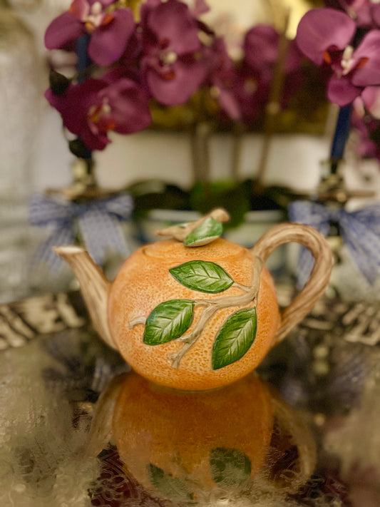 Fitz and Floyd Citrus Teapot, Orange with Branches and Leaves Citrus 1989 FF Teapot