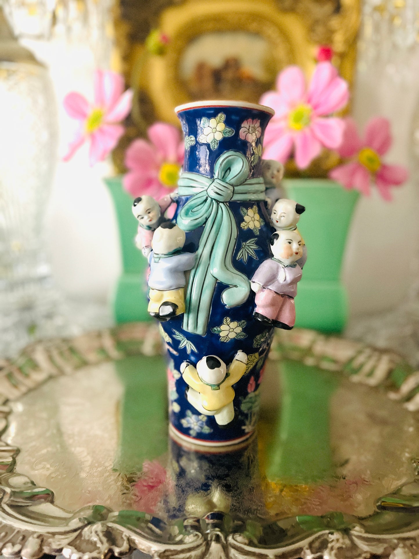 Fertility Climbing Children Vase, Vintage Chinoiserie