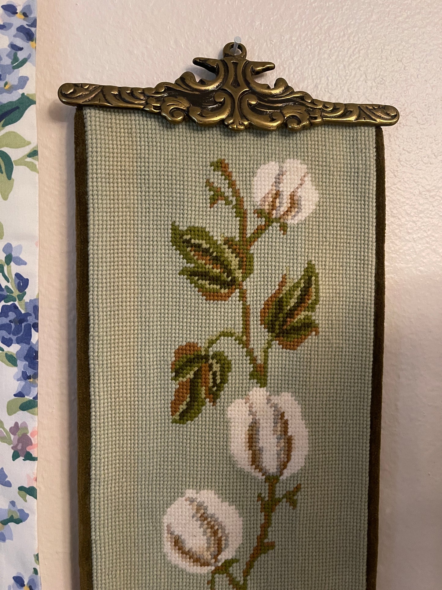 Vintage Cotton Bloom Needlepoint Bell Pull with Brass Ormolu Detail