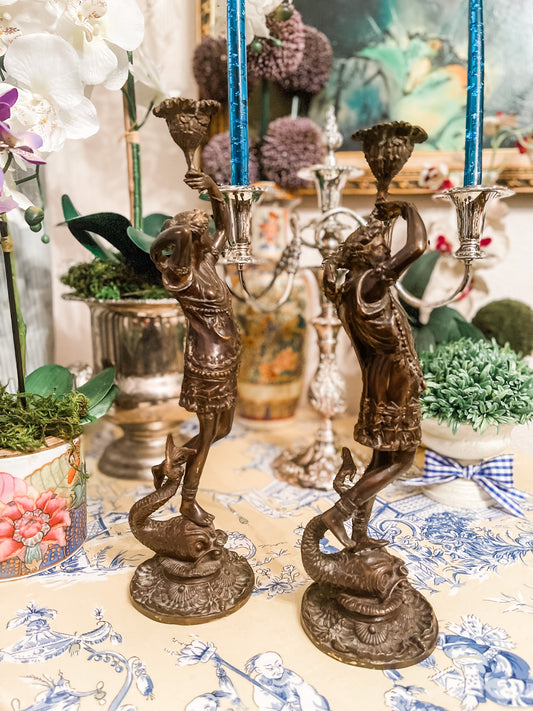 Bronze Candlesticks, Bronze Forms in the style of French sculpture artist, Clement Leopold Steiner,