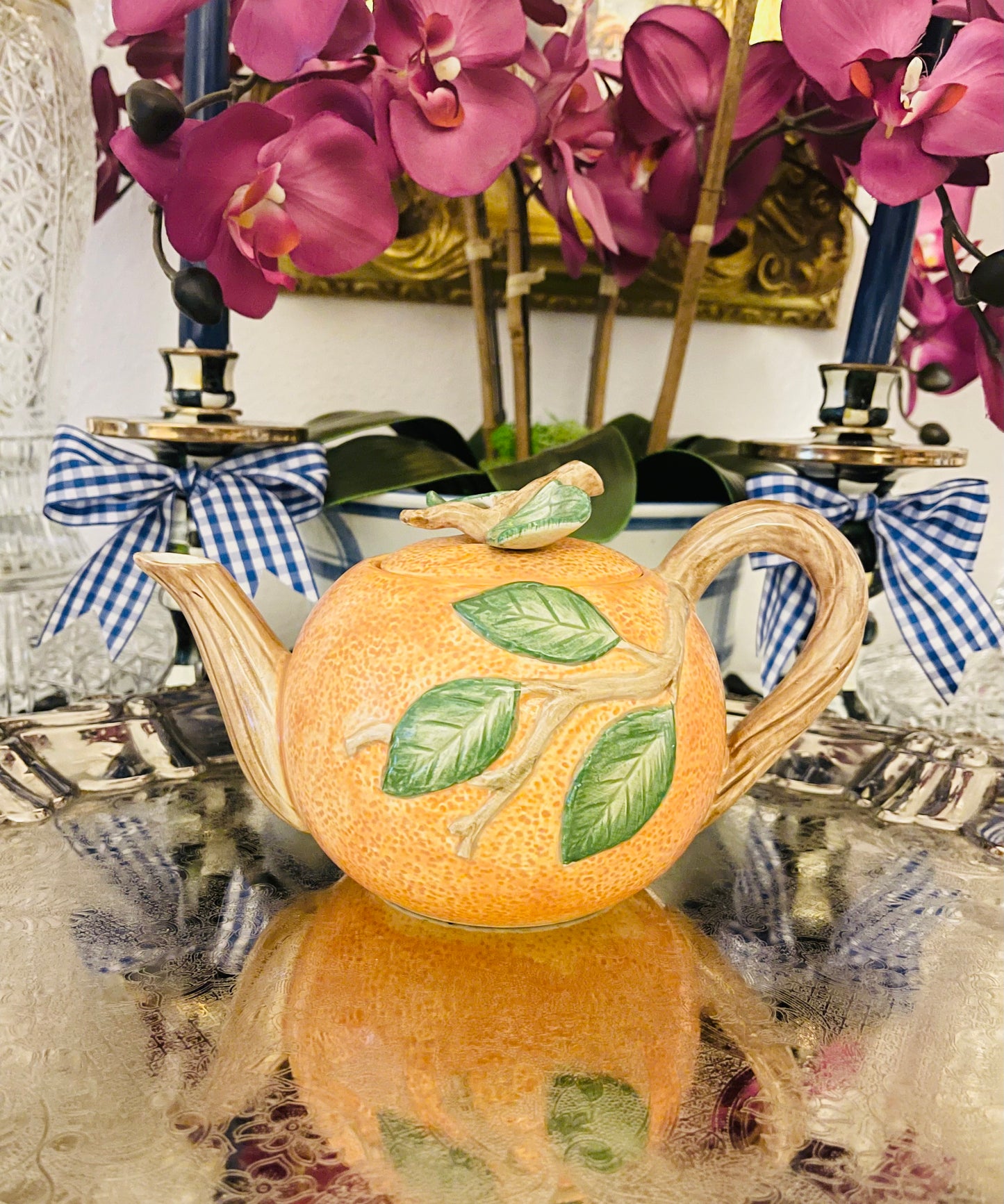 Fitz and Floyd Citrus Teapot, Orange with Branches and Leaves Citrus 1989 FF Teapot