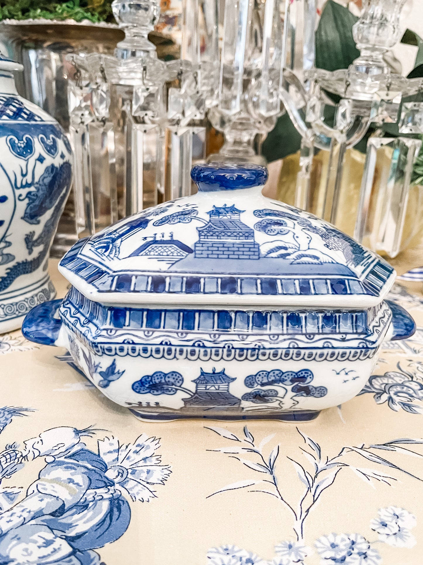 Blue Willow Style Lidded Dish, Blue and White Chinoiserie Chic