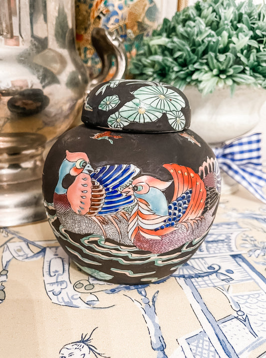 Vintage Famille Noir Jar with Ducks and Lily Pads