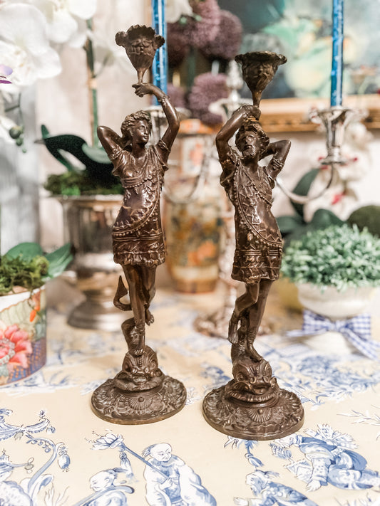 Bronze Candlesticks, Bronze Forms in the style of French sculpture artist, Clement Leopold Steiner,