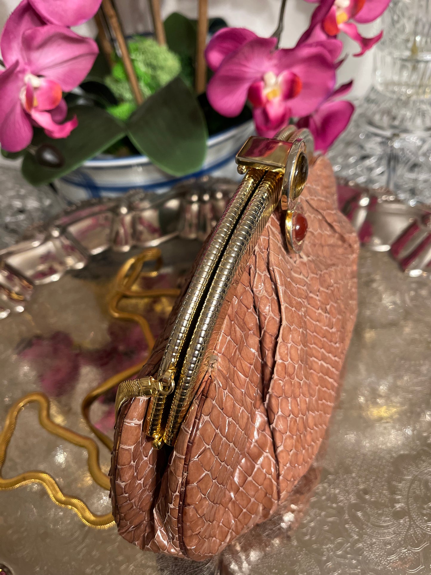 Vintage Judith Leiber Snakeskin Clutch, Jeweled Clasp